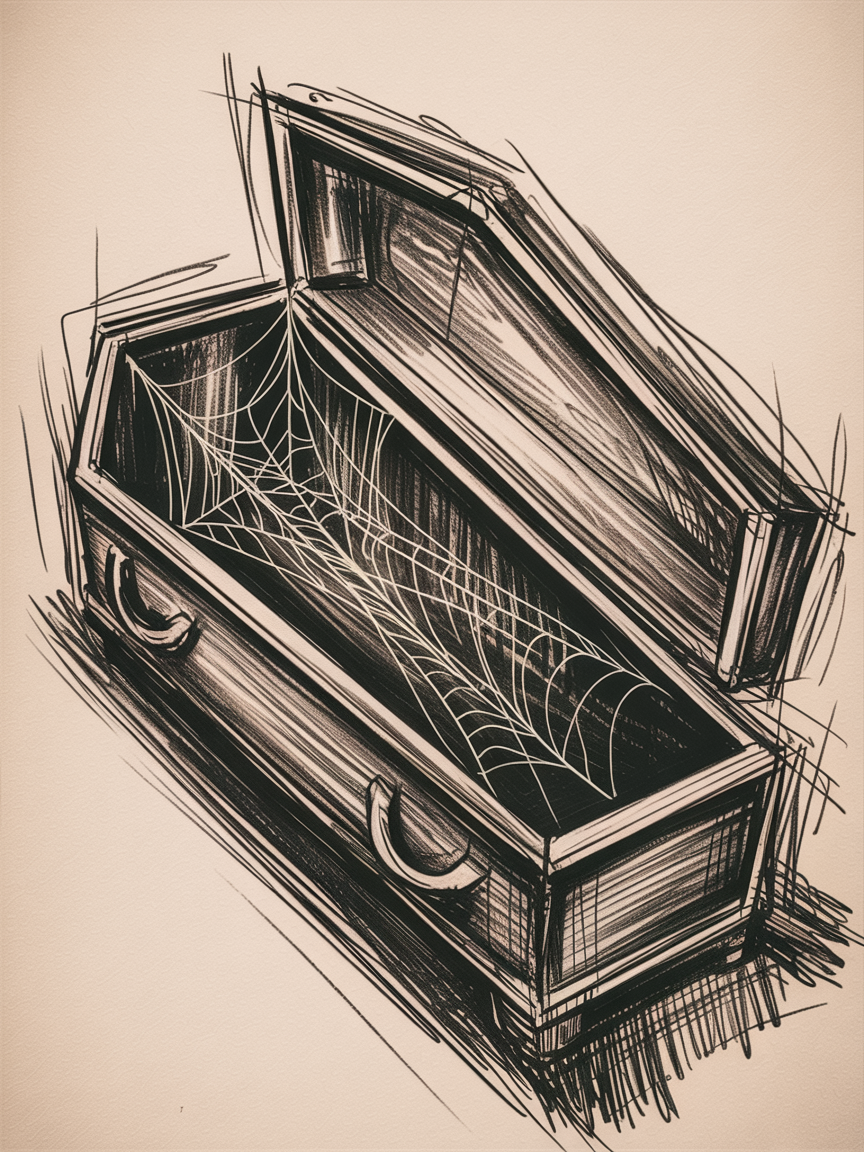 Halloween Drawing Ideas: an open coffin sketched in bold ink with a delicate spiderweb inside, shown at an angle on textured paper.