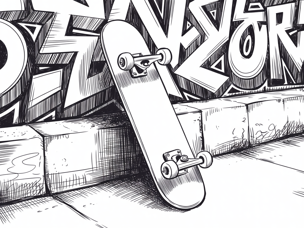 Random Sketch Ideas, black-and-white drawing of a skateboard leaning against a curb in front of bold graffiti lettering.