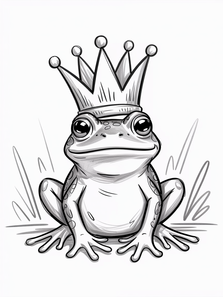 Random Sketch Ideas, a black and white sketch of a crowned frog facing forward with big eyes and simple grass lines