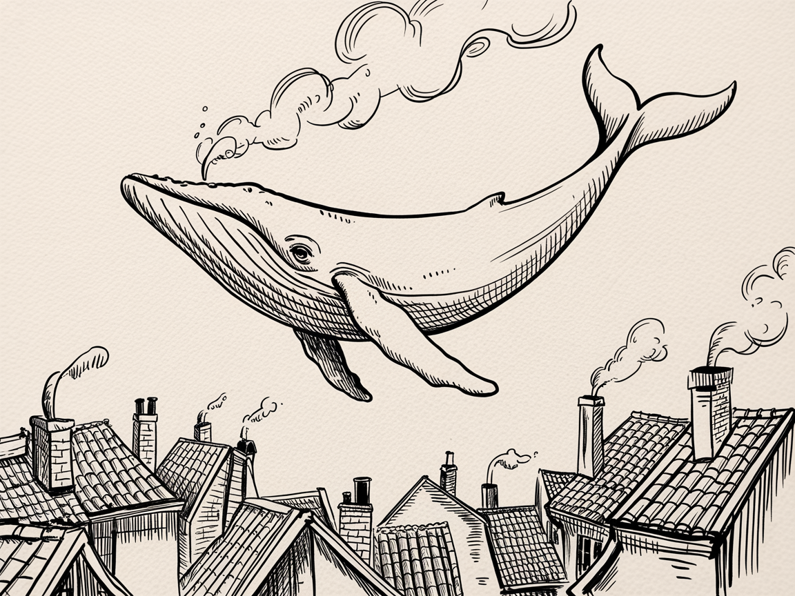 Random Sketch Ideas, a monochrome line drawing of a whale floating above tiled rooftops with smoking chimneys