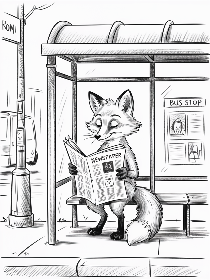 Random Sketch Ideas, a cartoon fox sits at a bus stop shelter reading a newspaper with bold linework, cross-hatched shading, and simple city details
