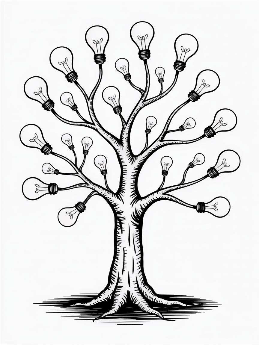 Random Sketch Ideas, a black-and-white drawing of a tree with light bulbs growing from its branches and a hatched shadow at the base