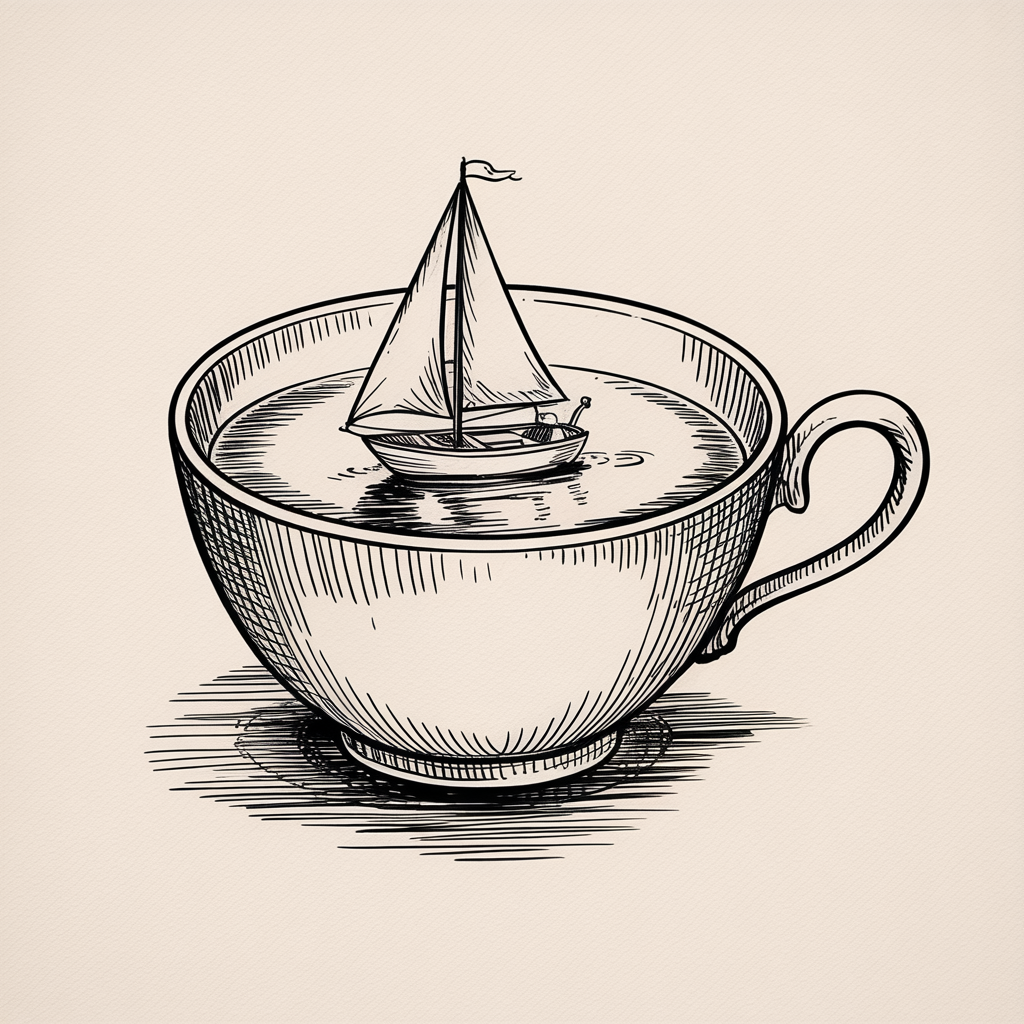 Random Sketch Ideas shows a hand-drawn sailboat floating inside a teacup, with crisp ink lines and cross-hatched shading.