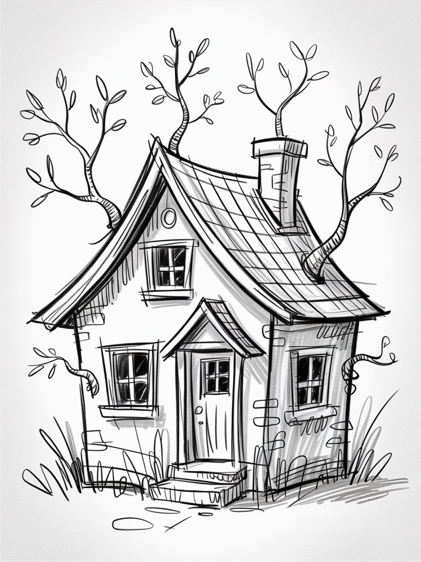 Random Sketch Ideas: black and white sketch of a quirky cottage with a curved roof, chimney, small windows, and branches sprouting from the roof.