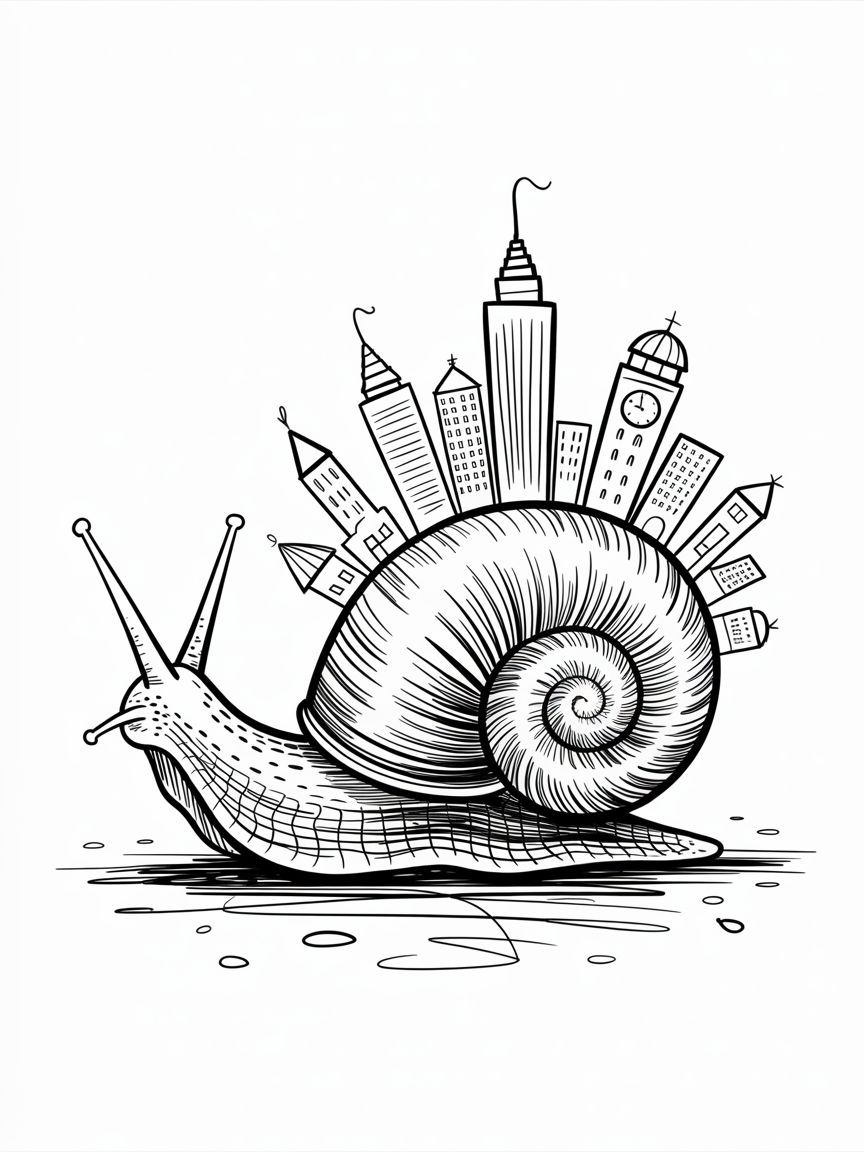 Random Sketch Ideas, a black and white drawing of a snail carrying a whimsical city skyline on its spiral shell with clean linework and simple ground marks.