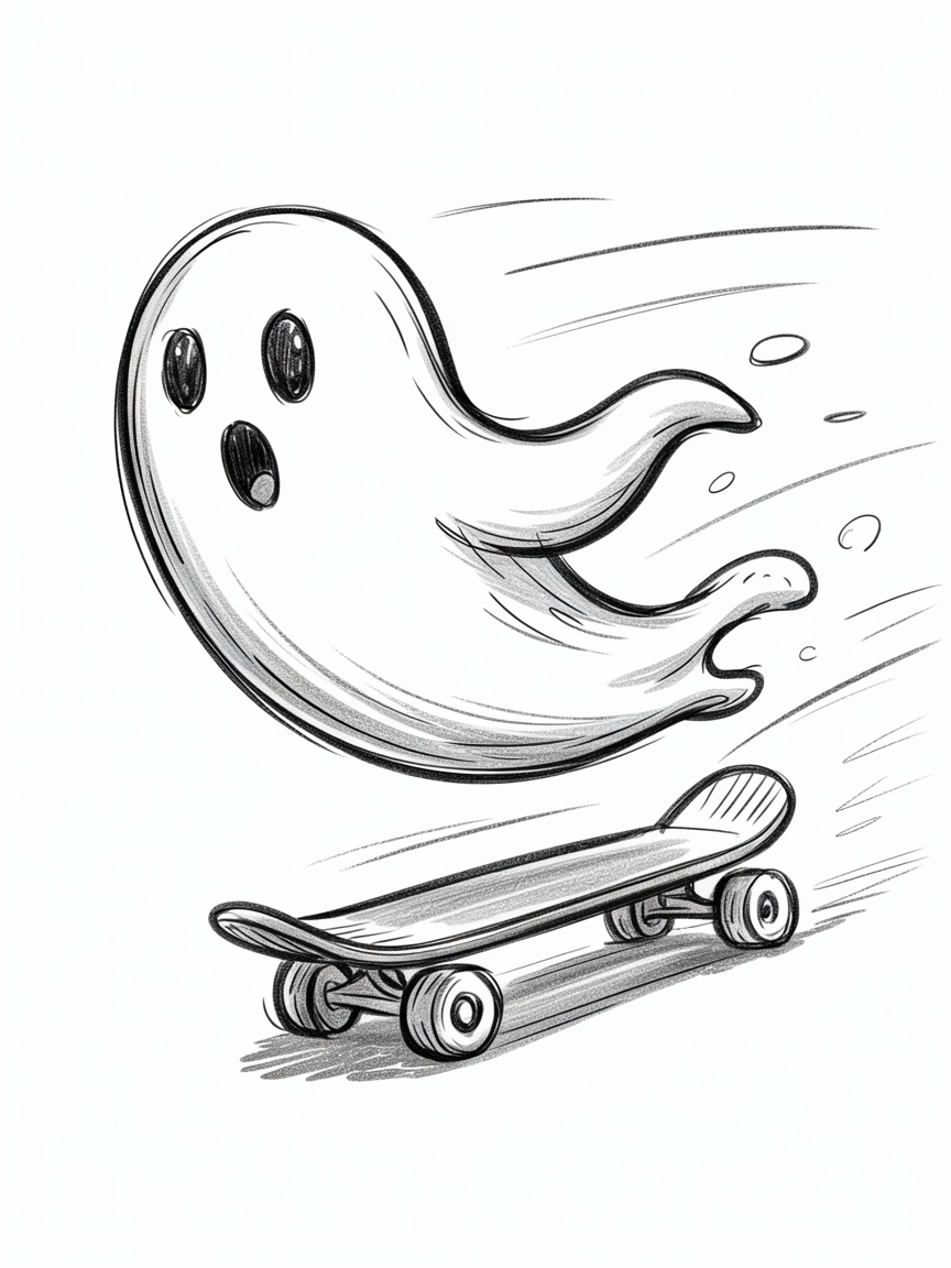 Random Sketch Ideas, a cute ghost zips above a skateboard in a black and white sketch with speed lines