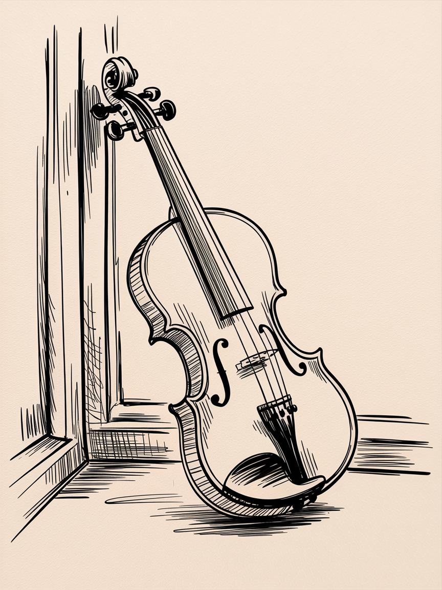 Random Sketch Ideas: a violin leaning against a window frame in a minimal ink drawing with bold contours and hatched shadows.
