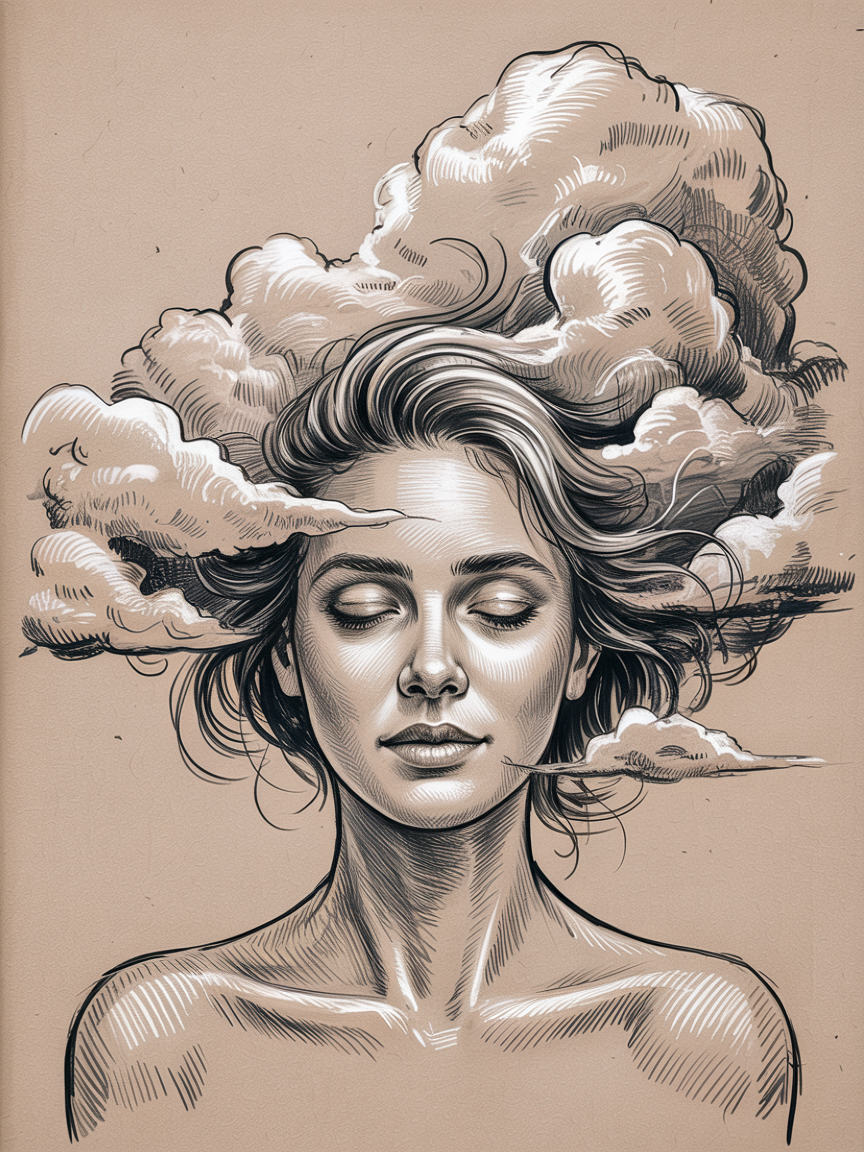 Random Sketch Ideas, an ink-style portrait on tan paper where closed eyes and flowing hair blend into billowing clouds with crisp lines and soft white highlights.