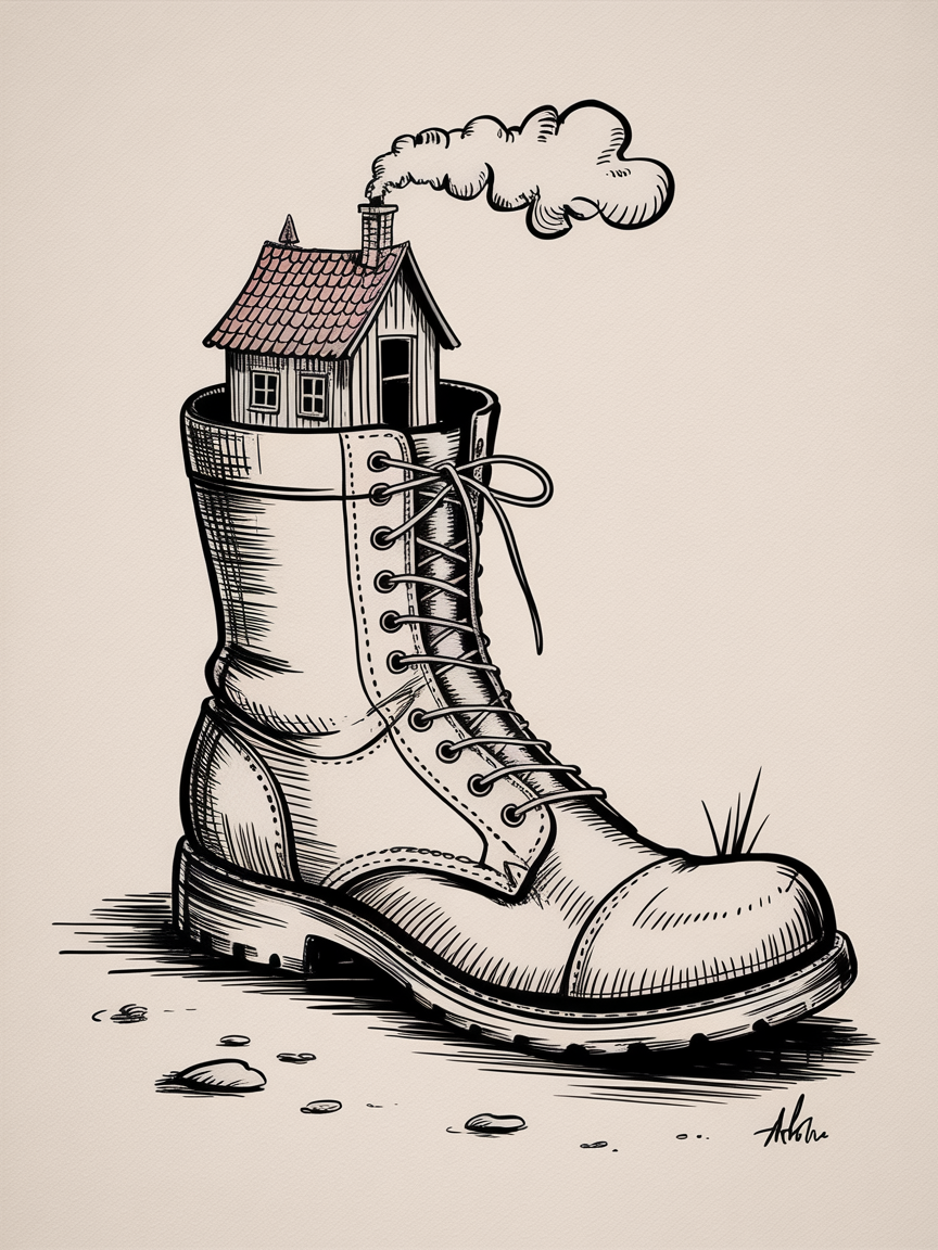 Random Sketch Ideas, a whimsical line drawing of a rugged boot with a tiny house inside and smoke curling from its chimney on a warm paper background.