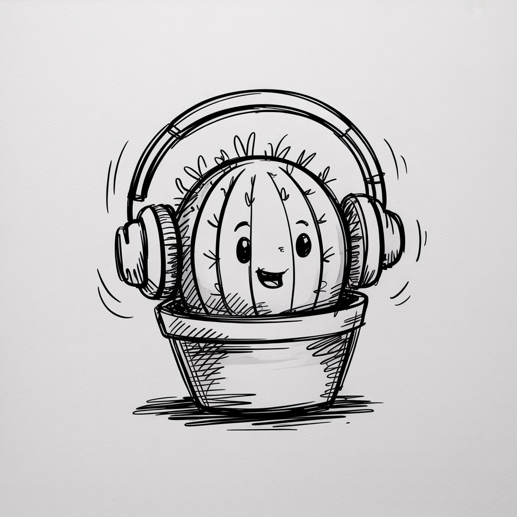 Random Sketch Ideas, a cute round cactus in a pot wearing oversized headphones, drawn in black ink lines with simple shading and motion marks.