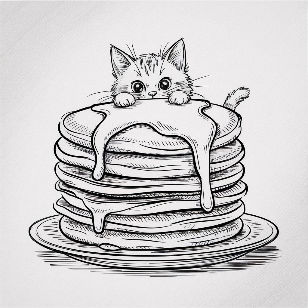 Random Sketch Ideas, a black and white drawing of a kitten peeking over a tall stack of pancakes with syrup dripping on a plate