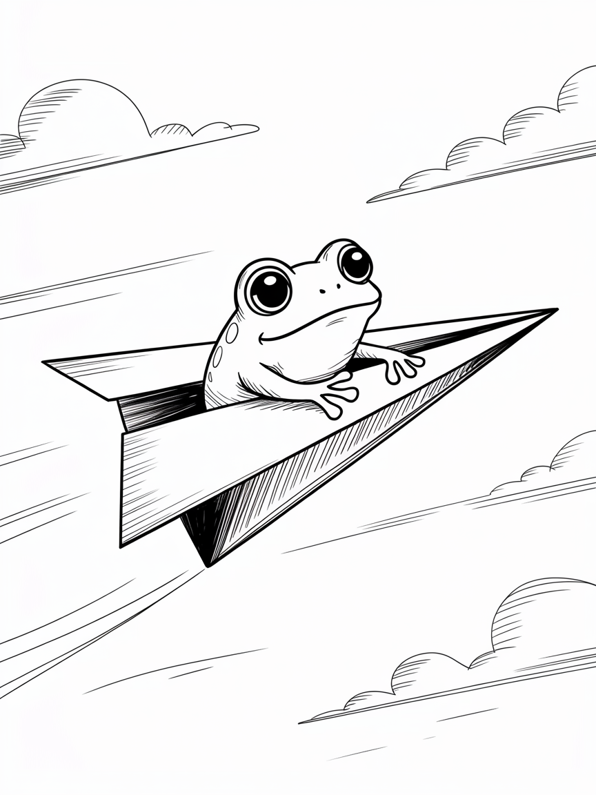 Random Sketch Ideas, a cute frog riding a paper airplane through a cloudy sky in clean black and white line art.