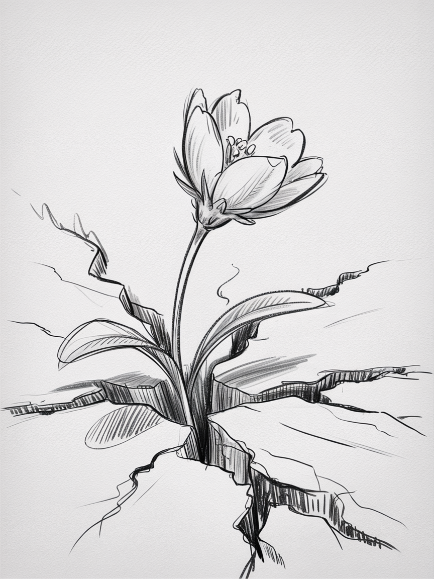 Random Sketch Ideas, a black and white pencil drawing of a small flower pushing up through cracked ground with bold lines and gentle shading.