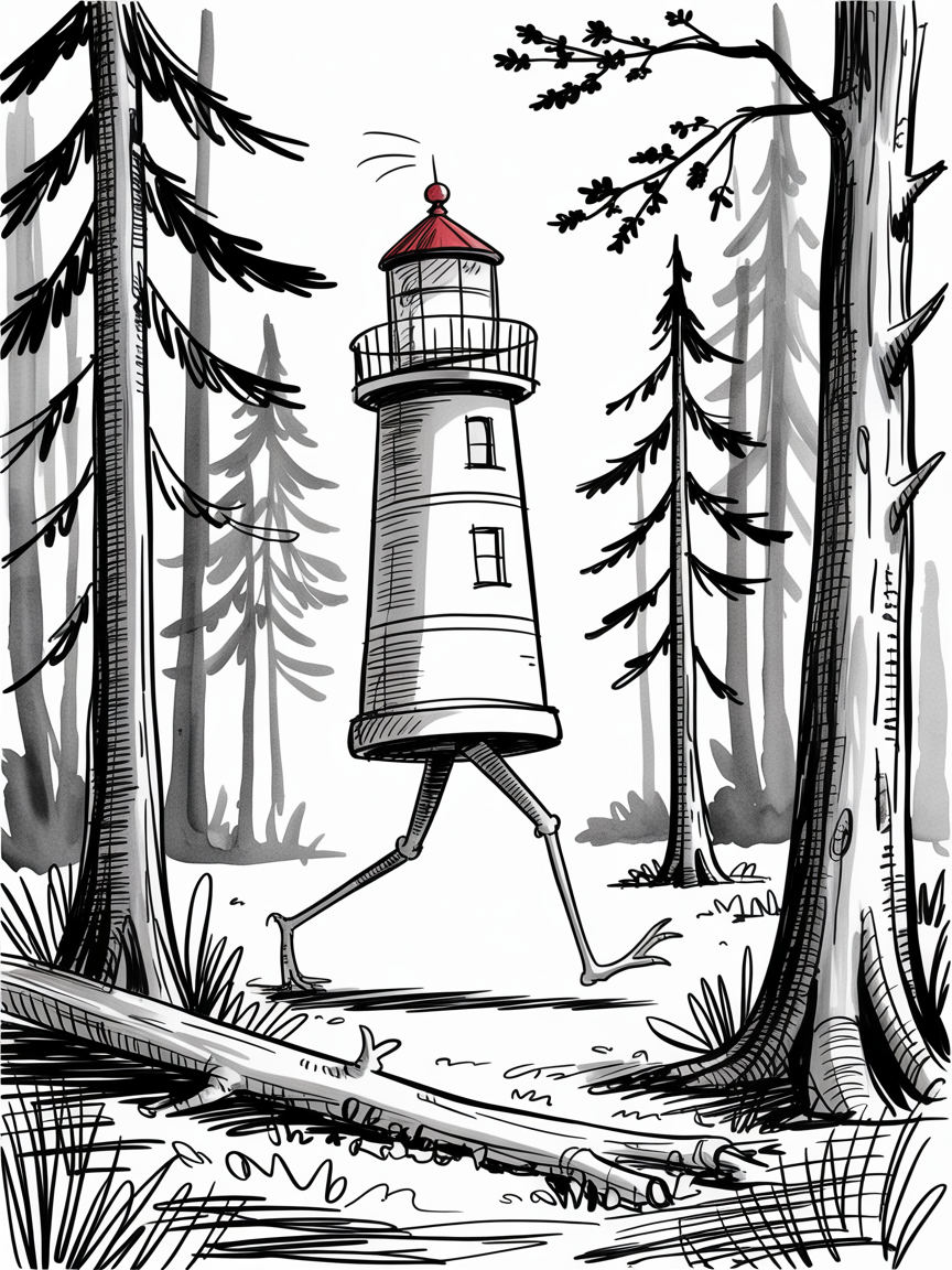 Random Sketch Ideas, a whimsical lighthouse with a red roof striding on long legs through a pine forest, drawn with bold ink lines and soft gray shading.