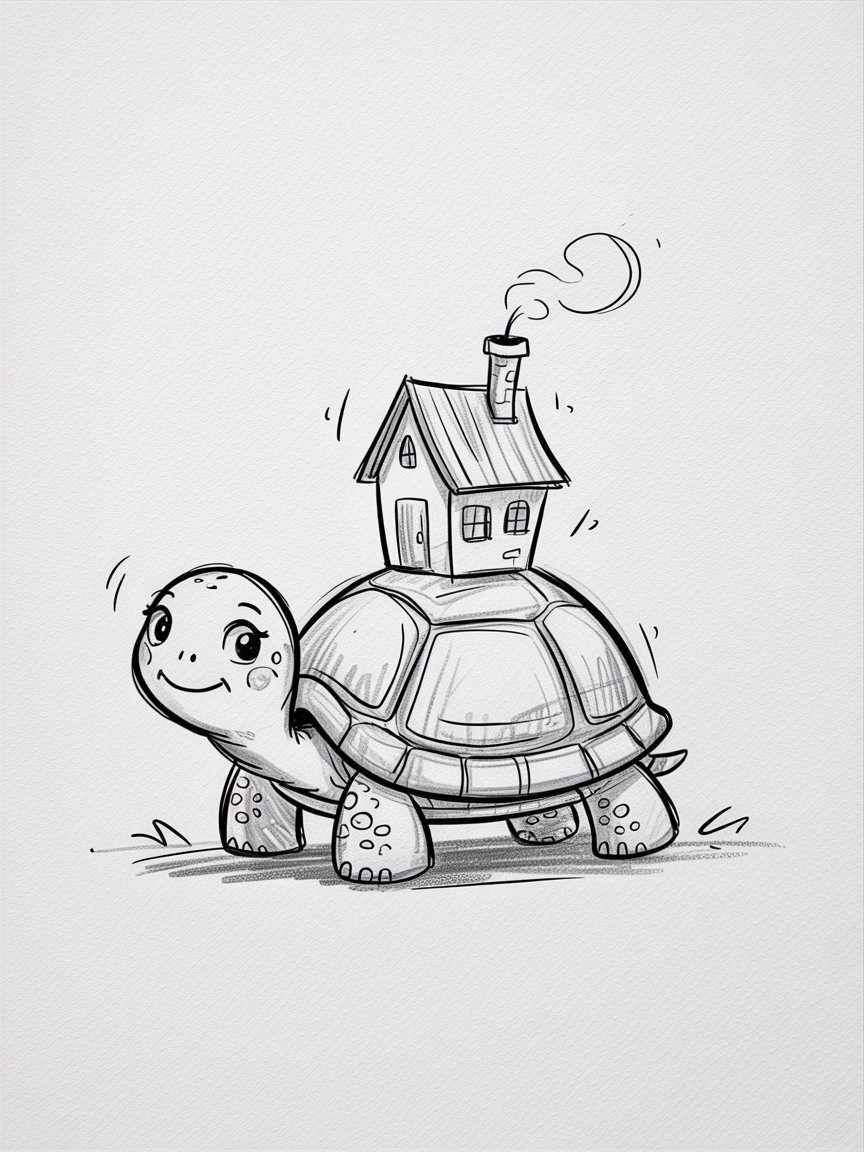 Random Sketch Ideas, a cute pencil drawing of a smiling turtle carrying a tiny cottage on its shell with soft shading and a curl of chimney smoke.