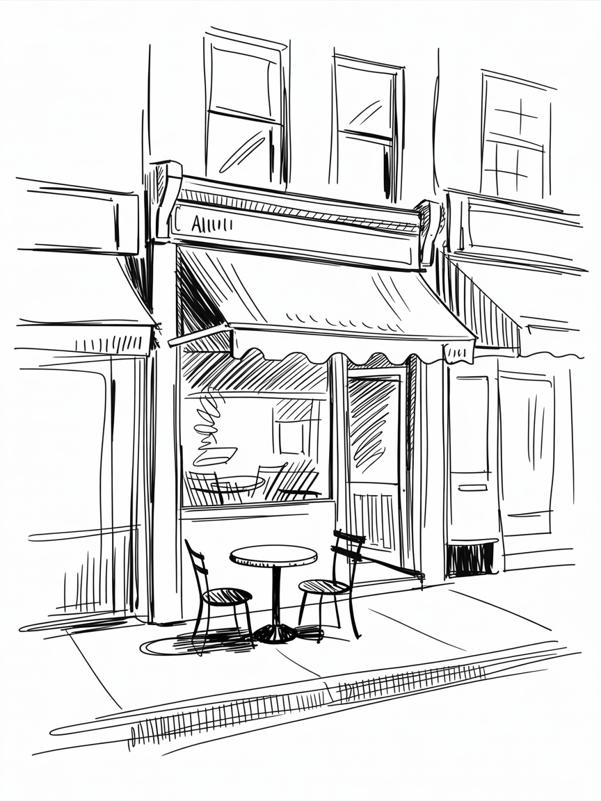 Random Sketch Ideas: a line drawing of a small street cafe with an awning, a round table, and two chairs on the sidewalk in front of a shop window.