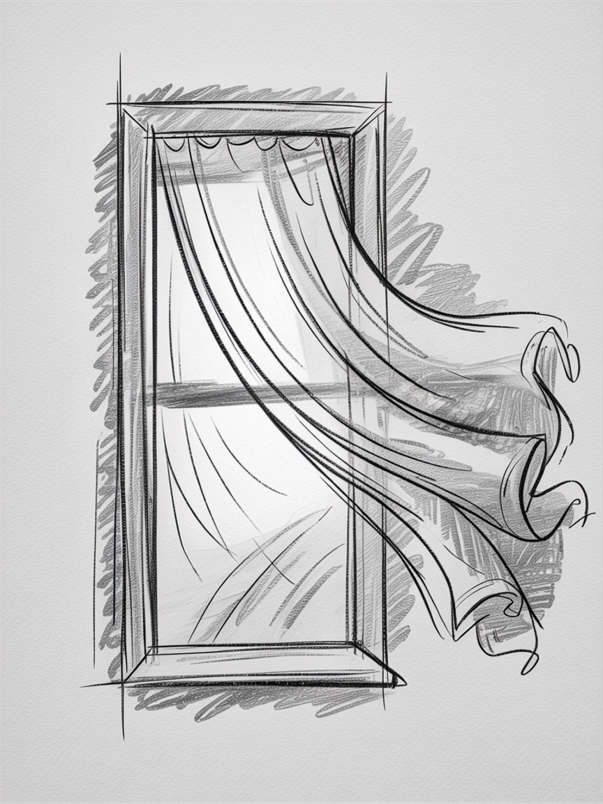 Random Sketch Ideas, a pencil sketch of an open window with sheer curtains billowing outward, a strong rectangular frame and soft shading