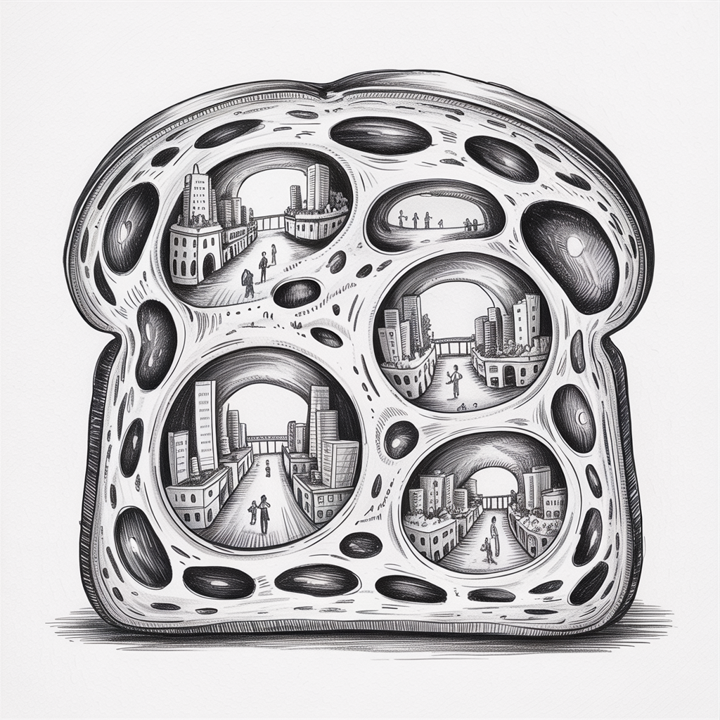 Random Sketch Ideas: black and white drawing of a bread slice filled with circular holes that hold tiny city scenes and figures, with bold ink shading and soft crumb texture.