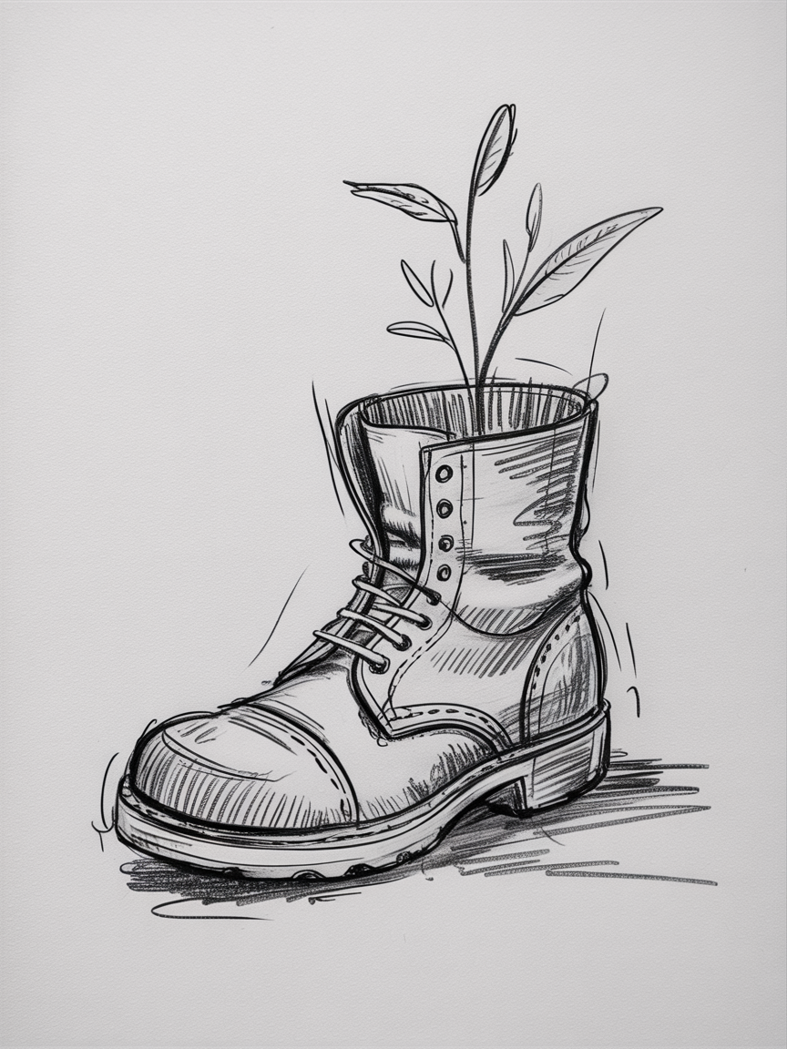Random Sketch Ideas, a monochrome sketch of a sturdy boot with a sprouting plant emerging from the top, detailed with stitching, laces, crosshatching, and a simple ground shadow.