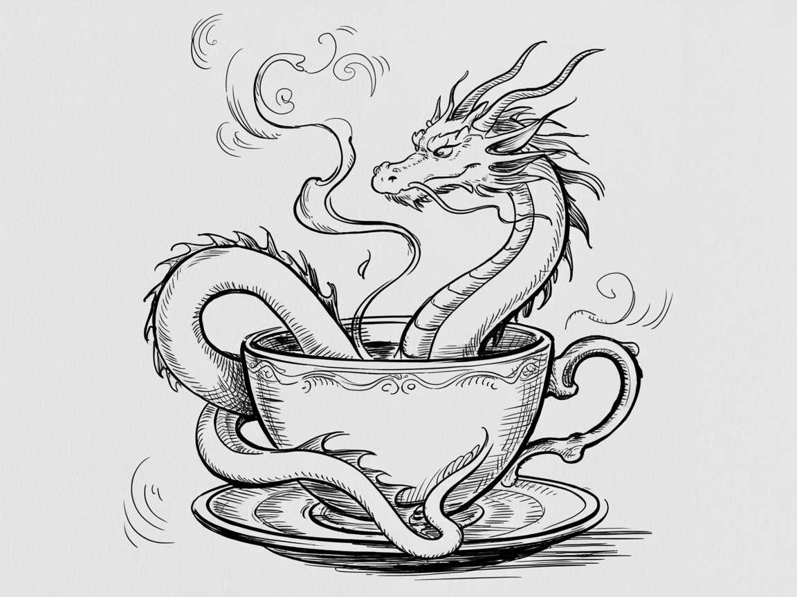 Random Sketch Ideas, black and white ink sketch of a long dragon curling out of a teacup on a saucer with rising steam and swirling lines.