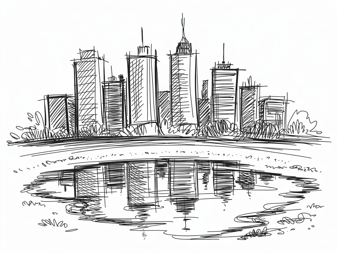 Random Sketch Ideas, a loose ink sketch of a city skyline with trees and tall buildings reflected in a park pond.