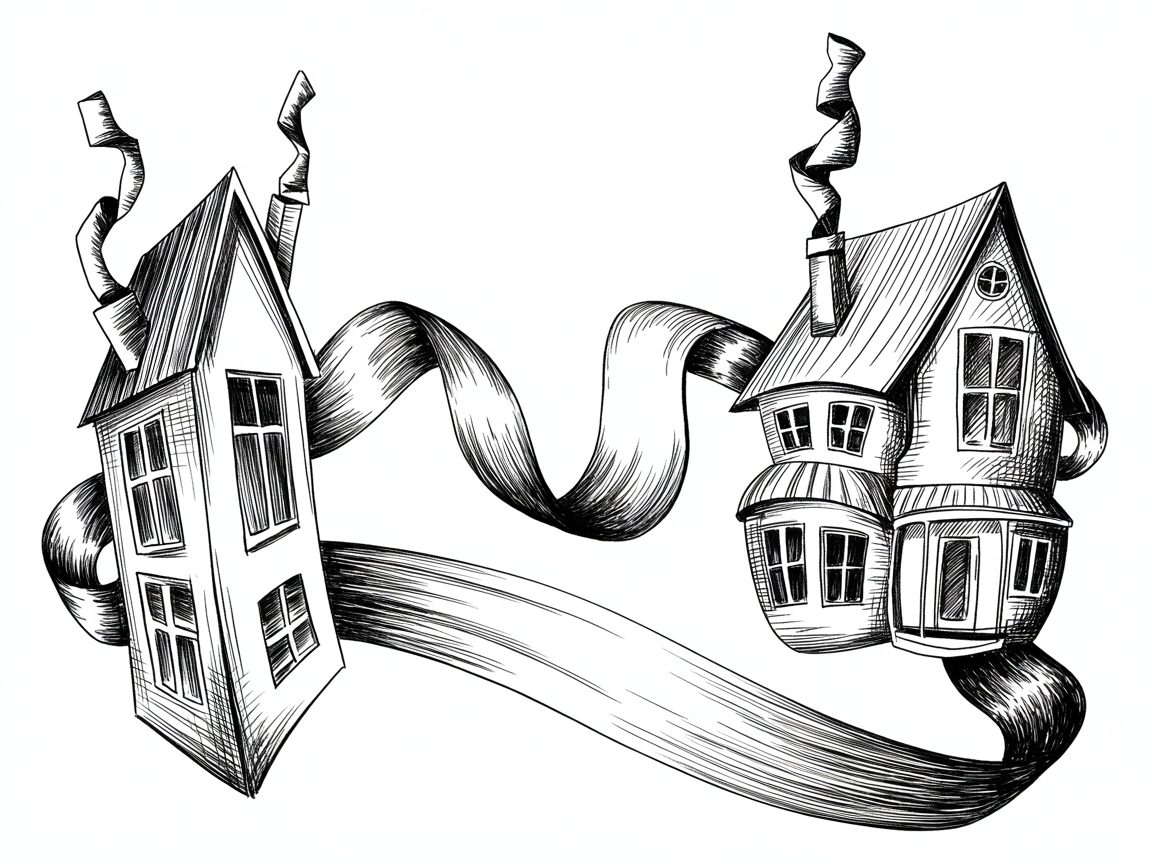 Random Sketch Ideas, whimsical ink drawing of two leaning houses with twisting chimneys linked by a flowing ribbon path on a clean white background.