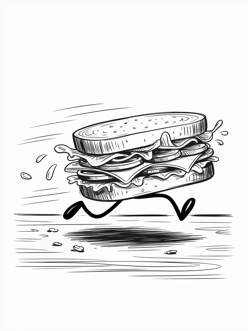 Random Sketch Ideas, a black and white cartoon of a running sandwich with motion lines, crumbs, and a stretched shadow.