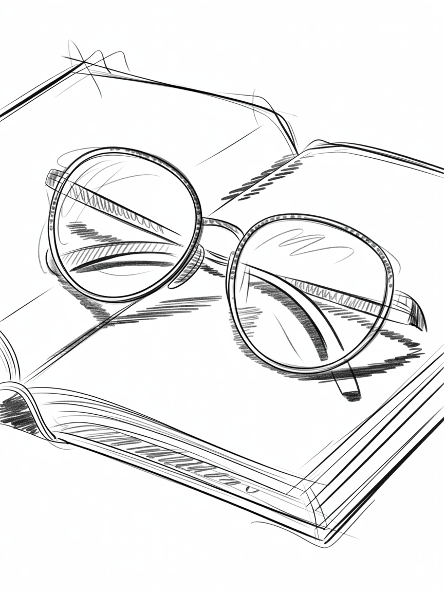 Random Sketch Ideas, a clean line drawing of round eyeglasses resting on an open book with soft crosshatching and simple shadows.