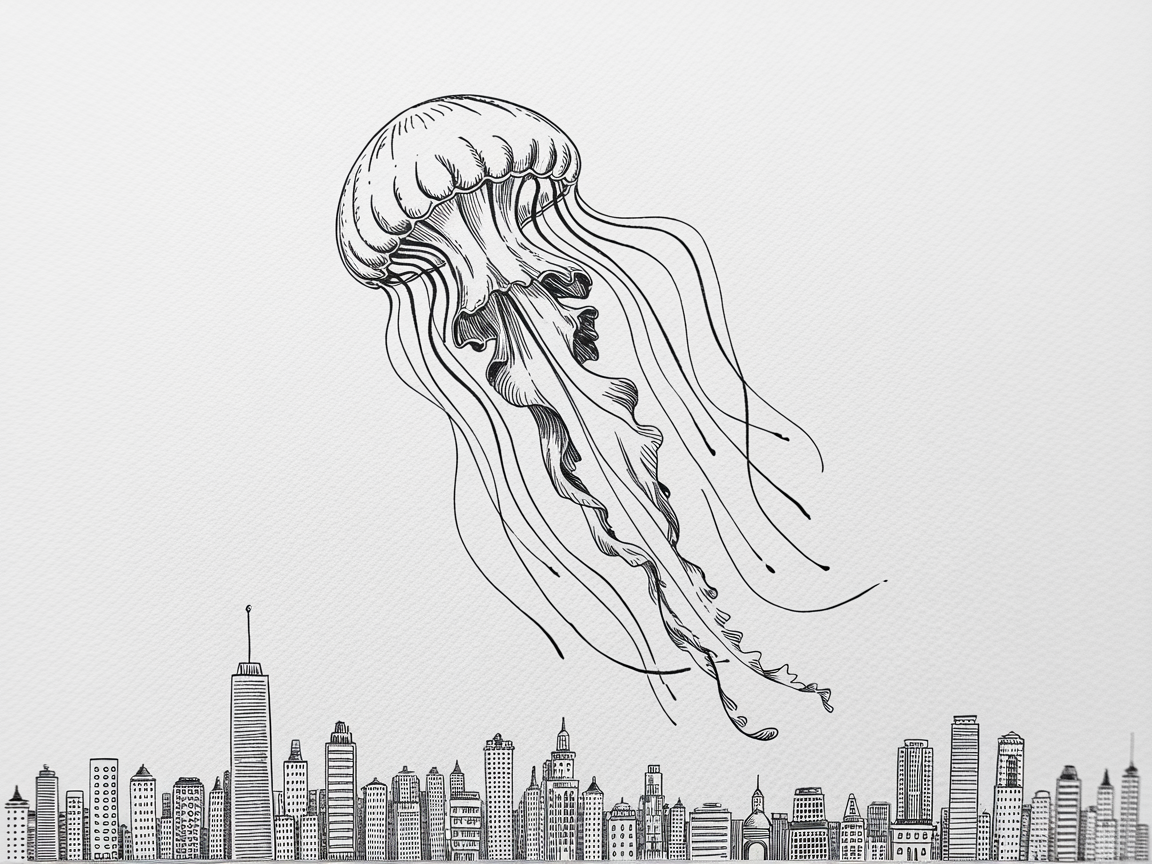 Random Sketch Ideas, a black ink drawing of a large jellyfish drifting above a detailed city skyline on textured white paper.