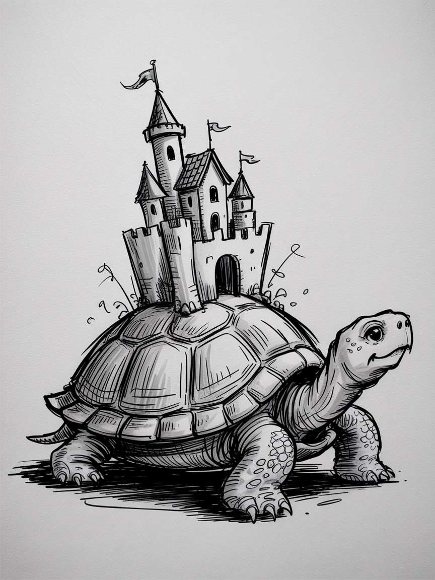 Random Sketch Ideas: black-and-white sketch of a turtle carrying a whimsical castle on its shell with flags and crosshatched shading.