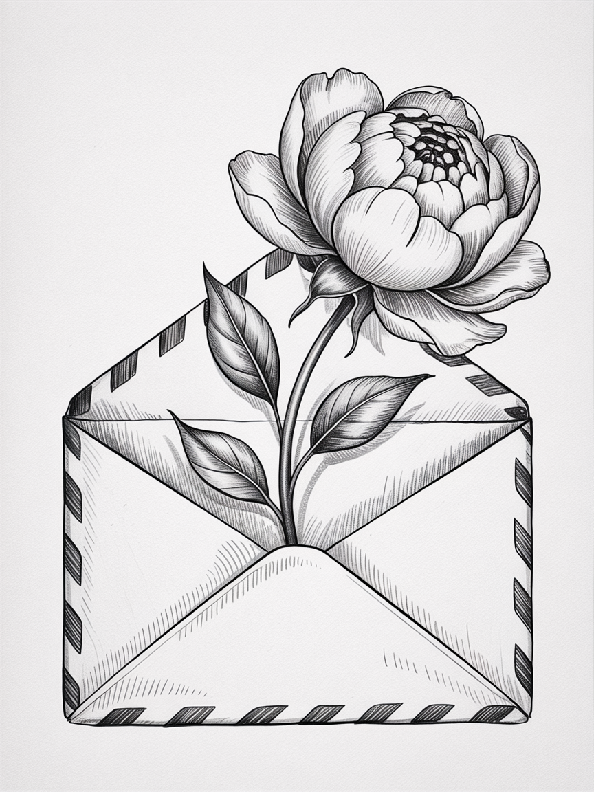 Random Sketch Ideas an ink drawing of an open envelope with a large flower blooming from it, striped border edges, and gentle crosshatching