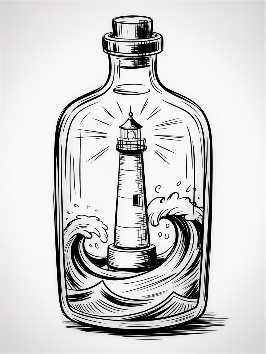 Random Sketch Ideas: a black and white sketch of a lighthouse inside a corked glass bottle with crashing waves and radiating light.