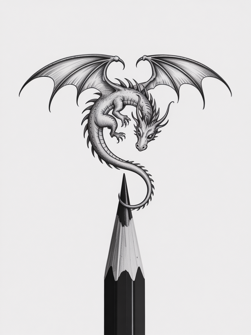 Random Sketch Ideas: A small black and white dragon curls around the tip of a sharpened pencil, centered against a clean white background.