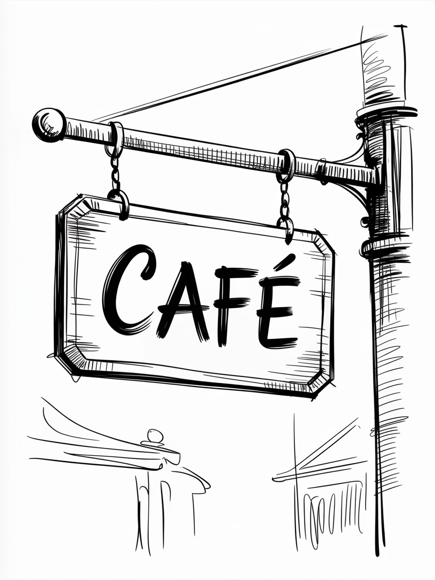 Random Sketch Ideas, a black-and-white sketch of a hanging café sign on chains from an ornate bracket with simple street details in the background.