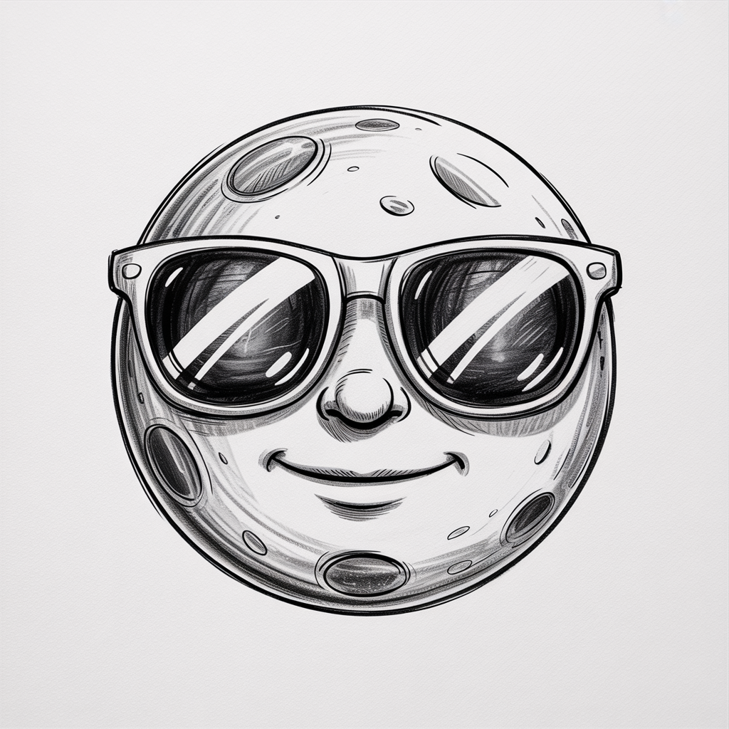 Random Sketch Ideas, a black and white sketch of a smiling moon with craters wearing glossy sunglasses.