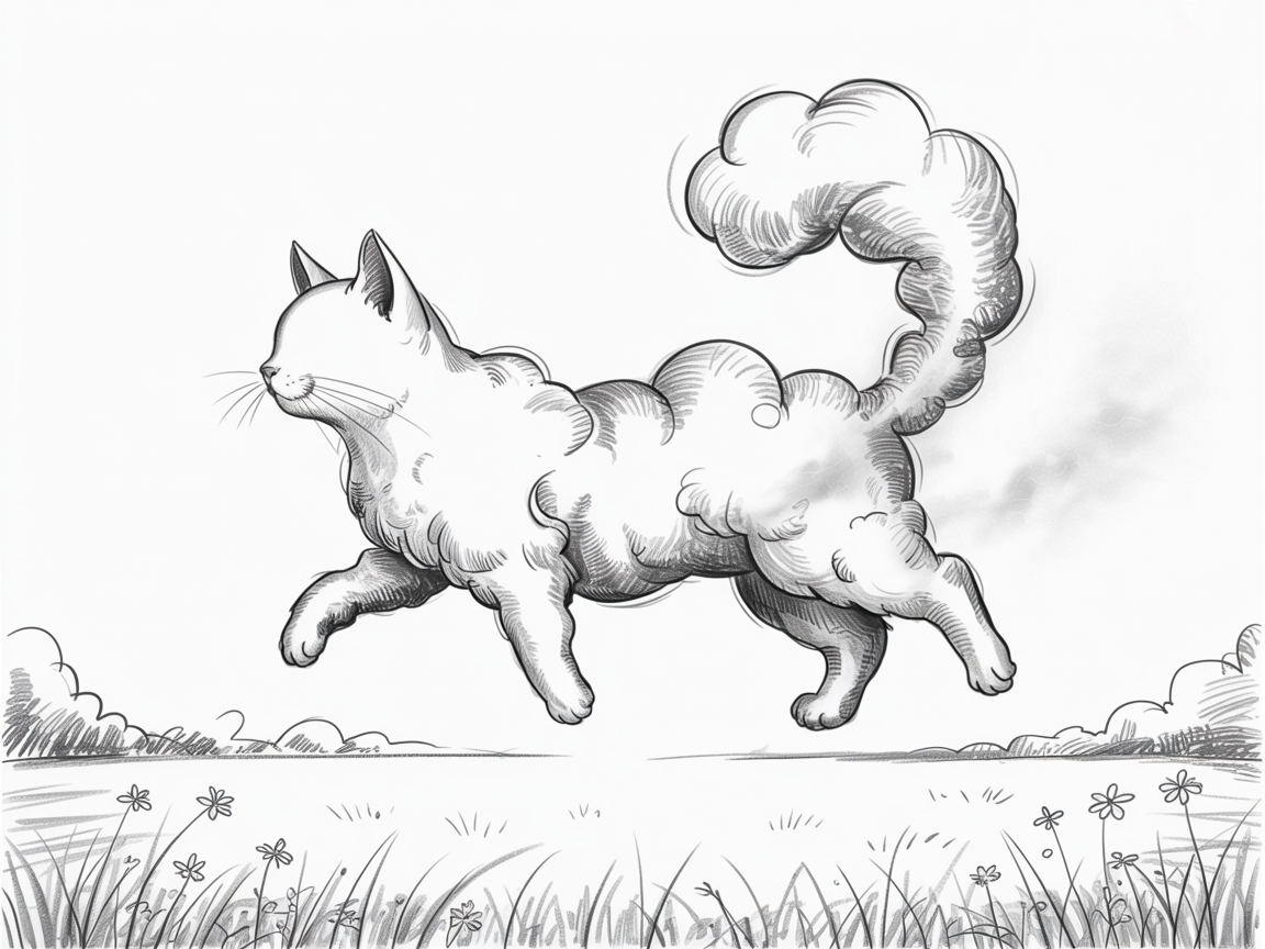 Random Sketch Ideas, a cat with a cloud-like body leaping through a grassy field in a soft pencil sketch.