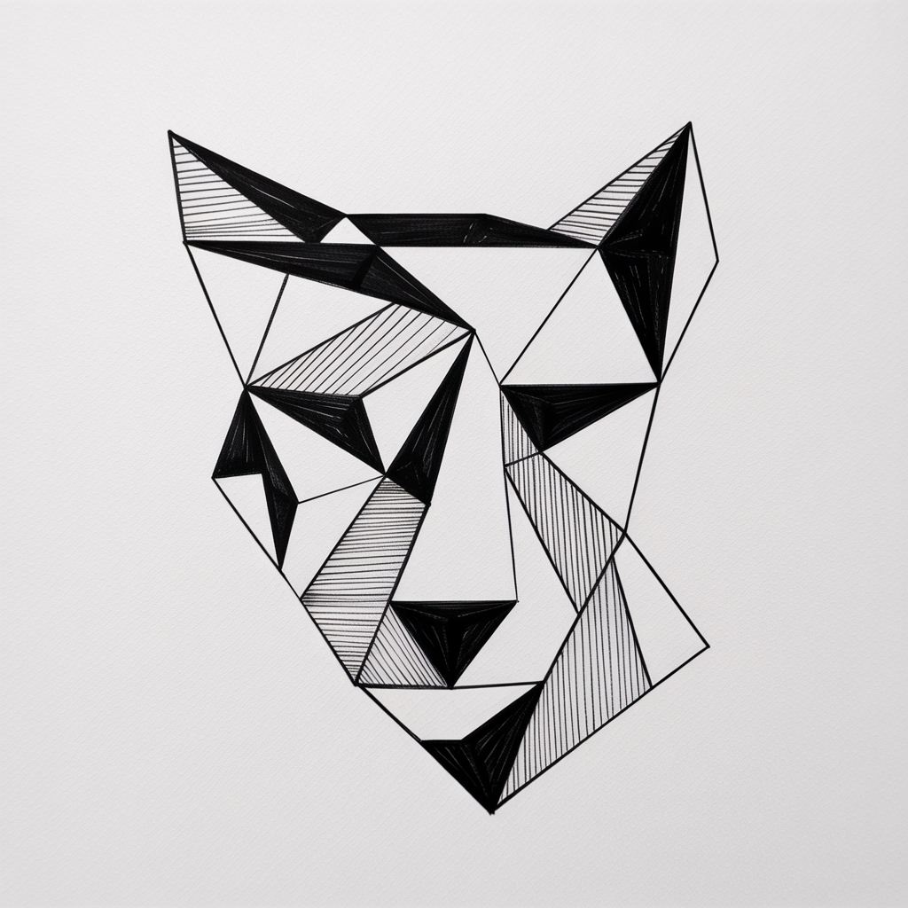 Random Sketch Ideas: geometric cat face in black ink made of triangles and hatched shapes on a white background.