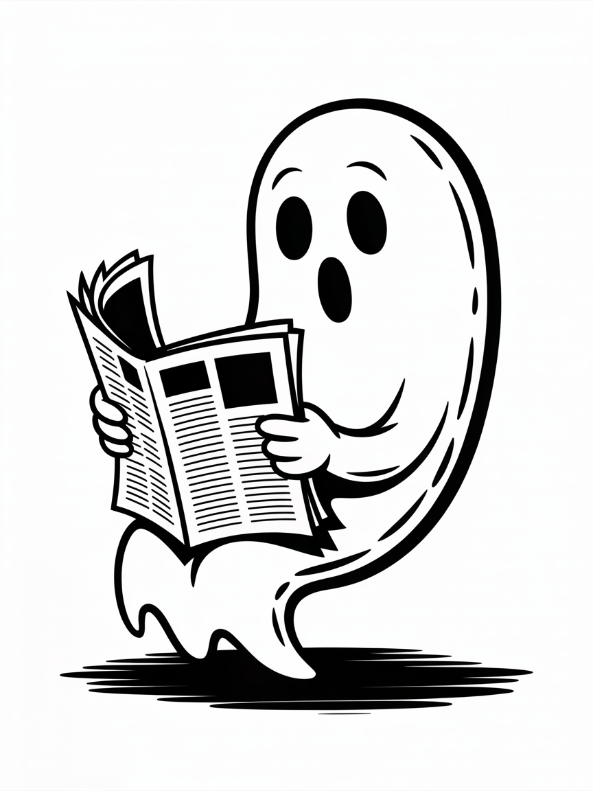 Random Sketch Ideas: a cute cartoon ghost floats while reading a newspaper, drawn in crisp black and white with bold lines and a soft ground shadow.