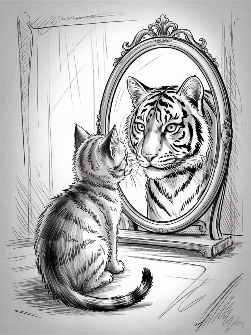 Random Sketch Ideas: a black and white drawing of a kitten sitting before an ornate oval mirror that reflects a tiger’s face