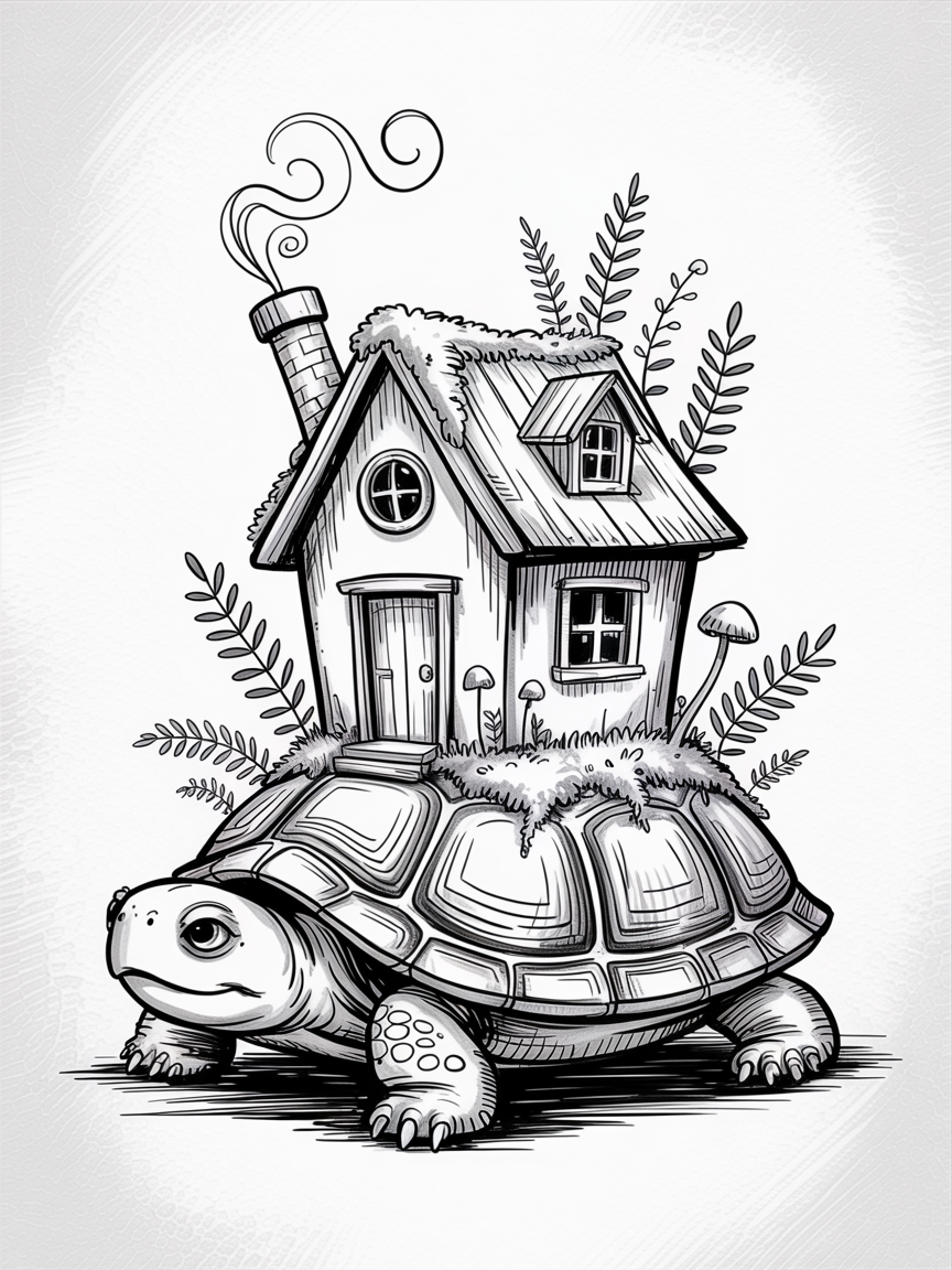 Random Sketch Ideas: a whimsical black and white drawing of a tortoise carrying a tiny cottage on its shell with chimney smoke, ferns, and mushrooms.