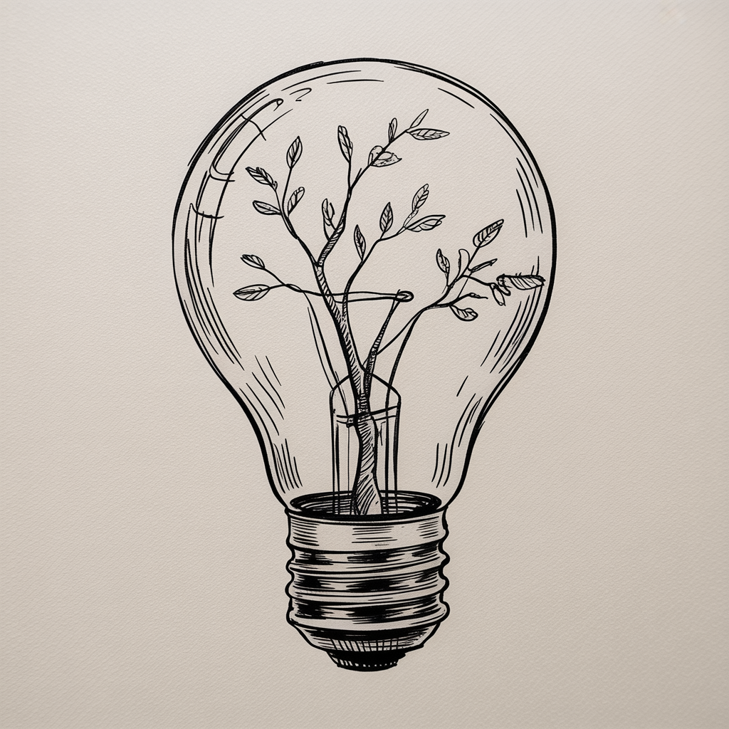Random Sketch Ideas, black ink drawing of a lightbulb with a delicate tree growing inside on a cream paper background.