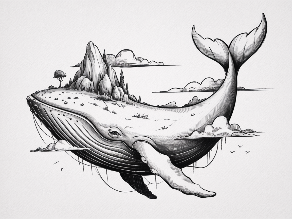 Random Sketch Ideas, a black and white surreal sketch of a floating whale carrying a rocky island on its back with clouds and small birds around.