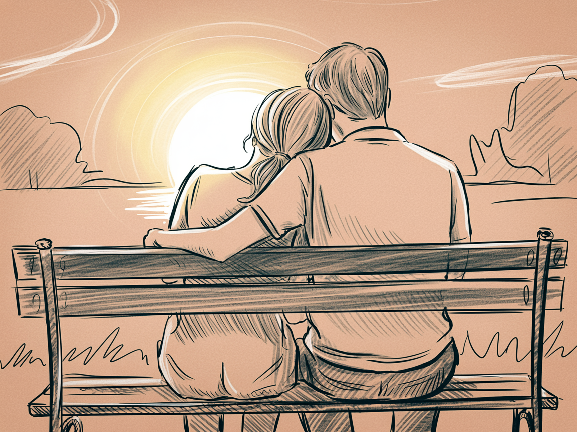 Romantic artwork couple sitting on a bench at sunset, back view by a calm lake with glowing reflections, soft linework, and gentle cross-hatching textures.