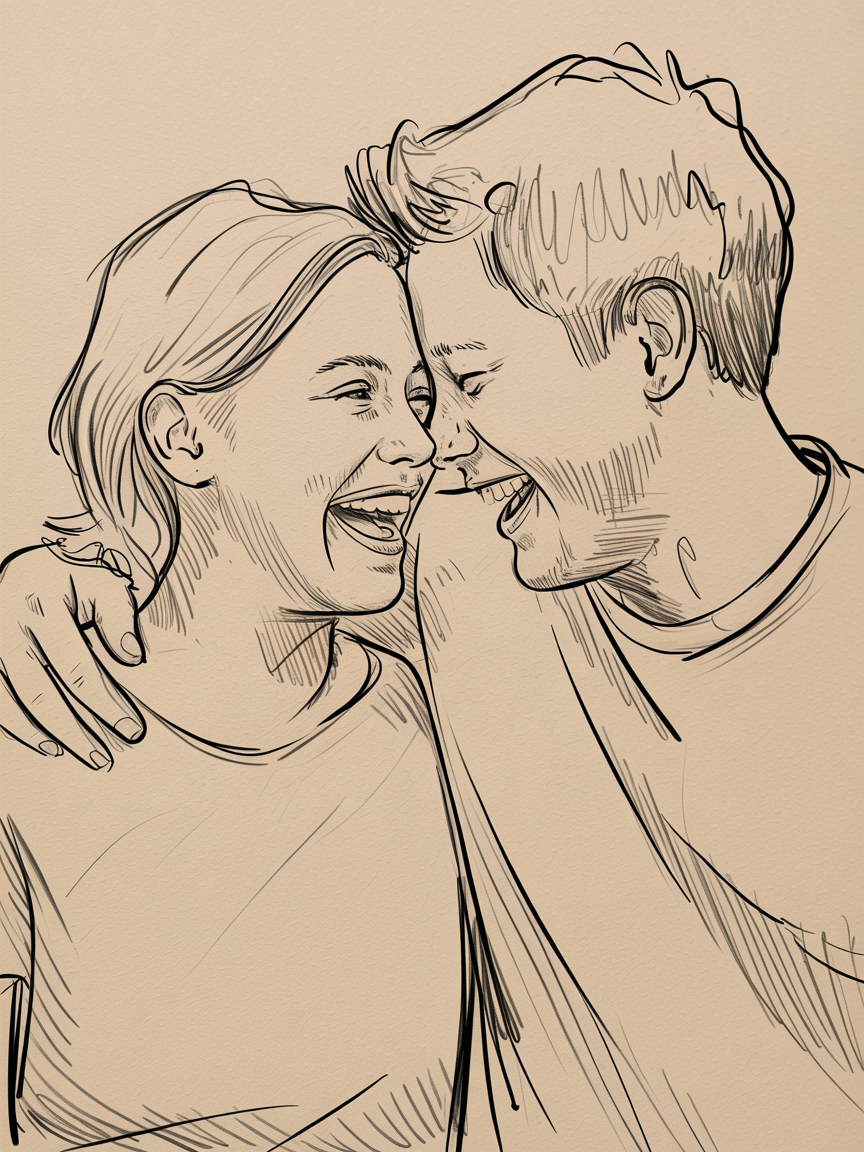 Romantic artwork couple, a warm ink sketch of two people laughing with foreheads touching and arms around each other on textured paper.