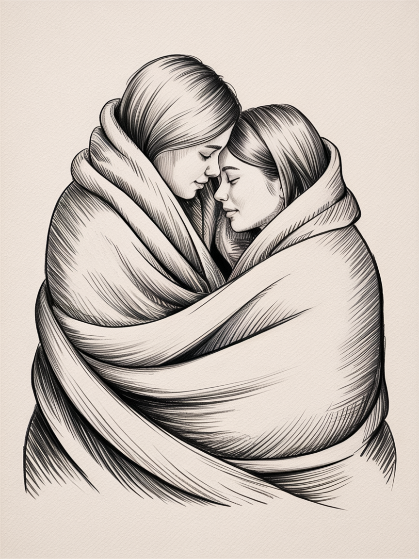 Romantic artwork couple wrapped in a single blanket, monochrome line art with soft crosshatching, two peaceful faces touching on a cream paper background.
