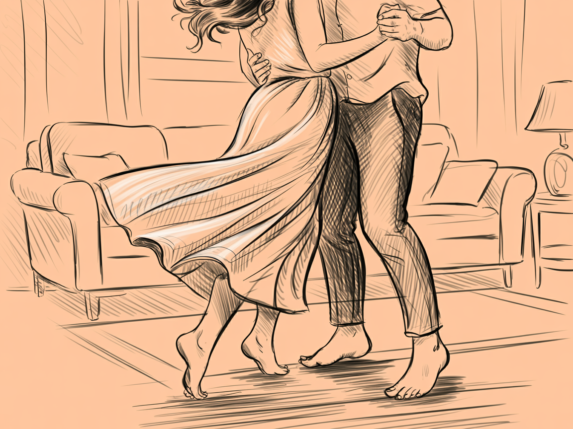 Romantic artwork couple dancing barefoot in a cozy living room, with a flowing skirt and sketchy lines that suggest gentle motion and warm light.