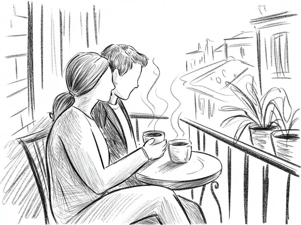 Romantic artwork couple sitting on a small balcony, sharing steaming coffee at a round table while looking over city rooftops and potted plants.