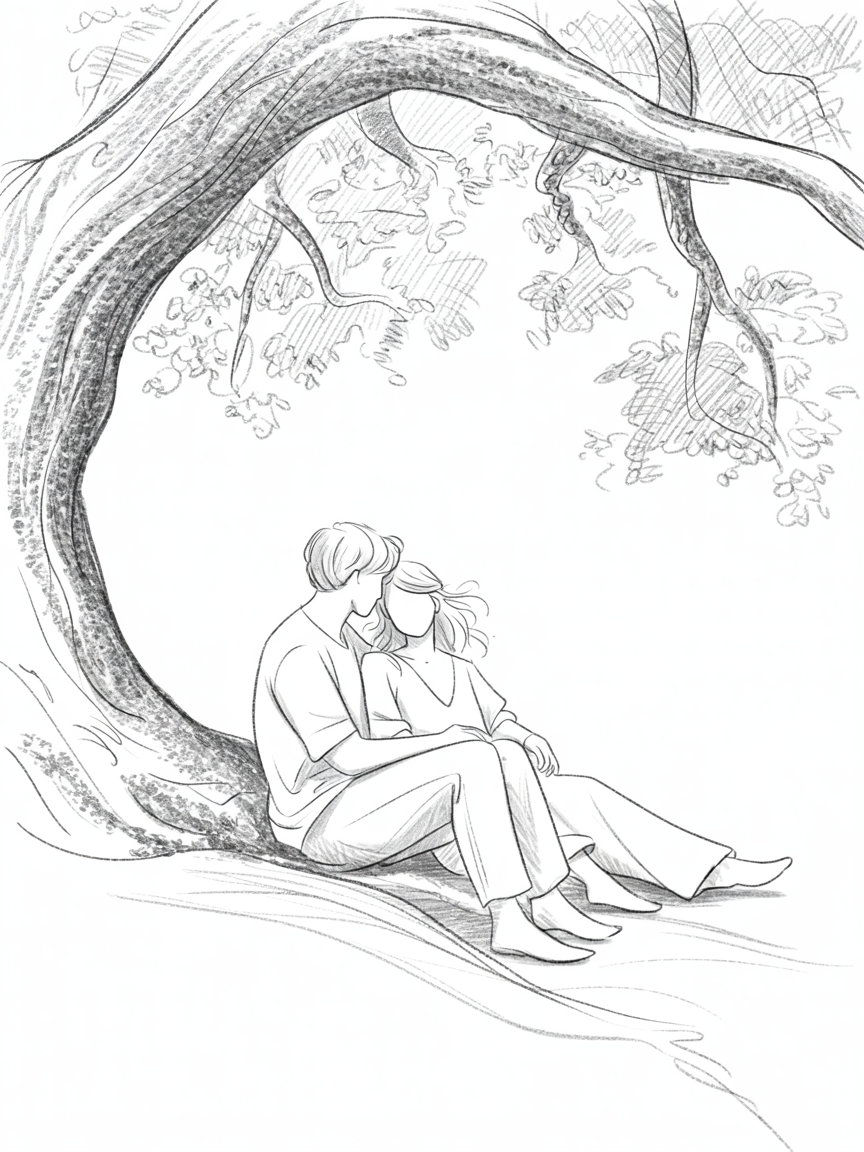 Romantic artwork couple sitting under a large curving tree, a pencil sketch with soft shading and leafy branches arching above.
