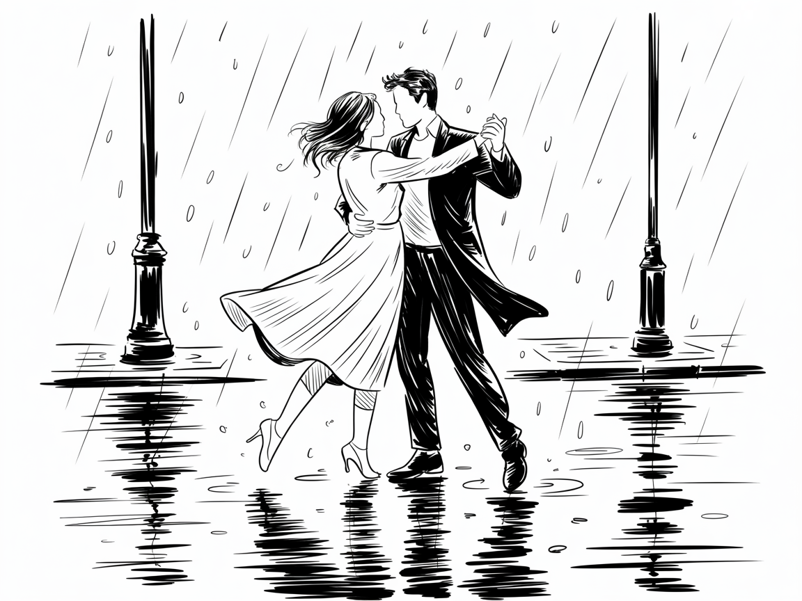 Romantic artwork couple dancing in the rain between streetlamps, with sweeping clothing and puddle reflections in a black and white sketch.