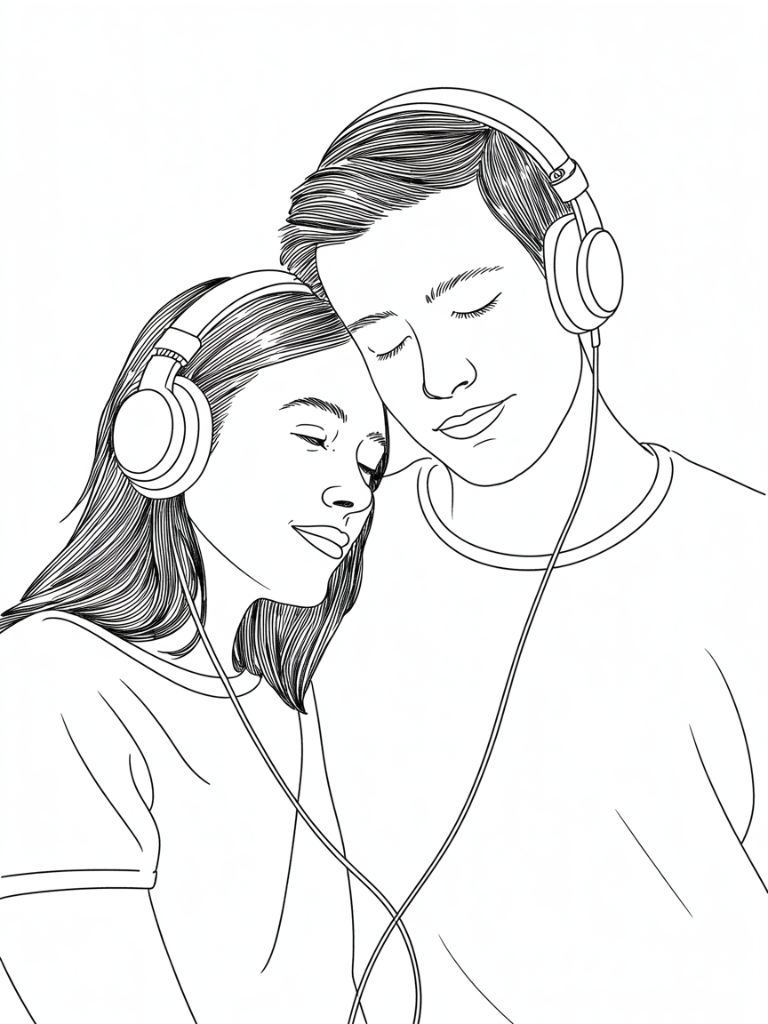 Romantic artwork couple, line art of two people with closed eyes sharing music through large headphones and a single cord.